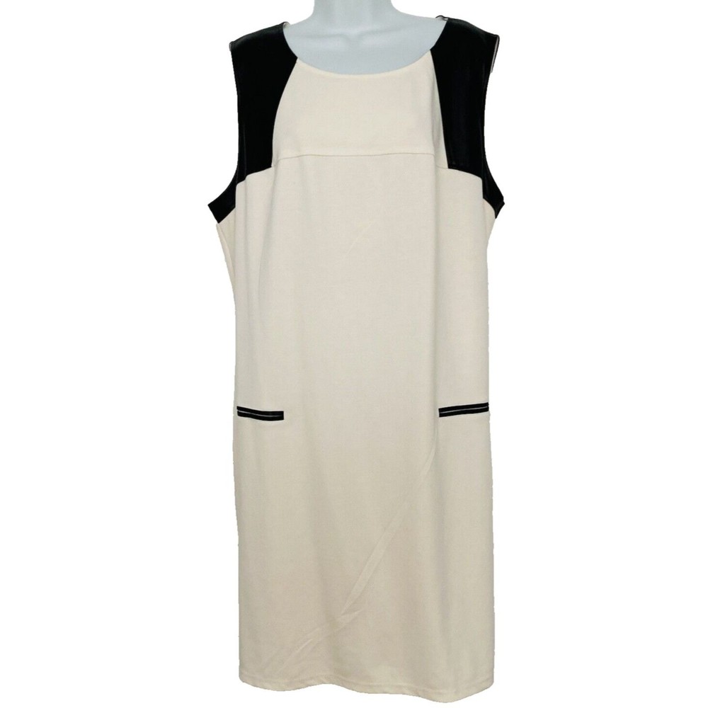 Spense Woman Ivory And Black Vegan Leather Trim Sheath Dress Plus Size 20W